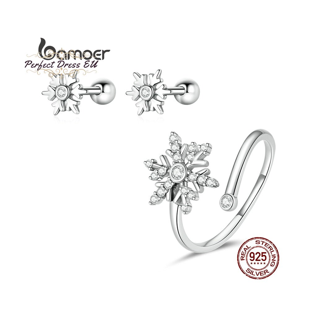 Stříbrný set 2v1 sněhová vločka prsten + náušnice Snowflake
