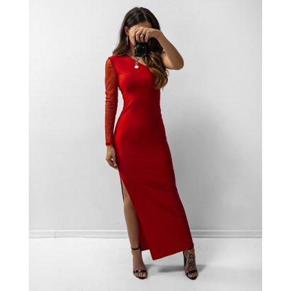 Červené maxi šaty s jedním rukávem z elastického tylu