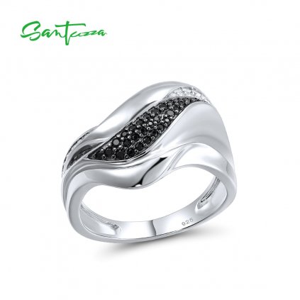 Asymetrický stříbrný prsten s černými zirkony
