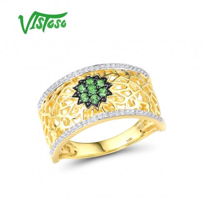 Vzorovaný prsten s diamanty a zelenou květinou