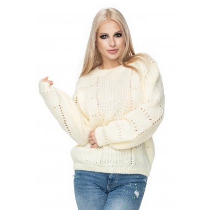 Chlupatý svetr pletený s ažurovými vzory 30059