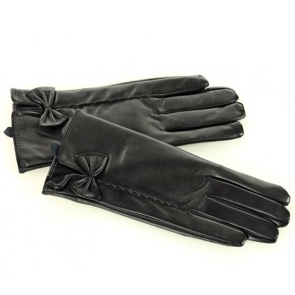 Dámské eko kožené rukavice s mašlí - černé