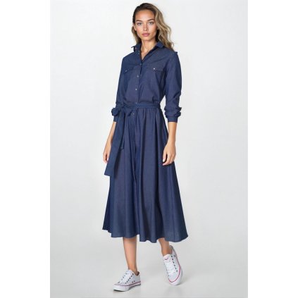 Džínové midi šaty ve stylu košile denim šaty s knoflíky (Barva Džínová, Velikost S)