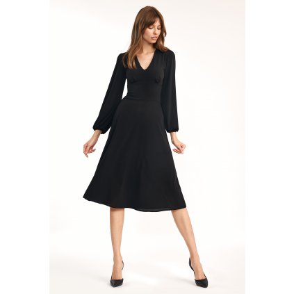 Klasické midi šaty s výstřihem NIFE S194 (Barva Černá, Velikost S)