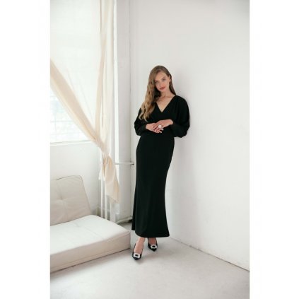 Dlouhé kimono šaty večerní s výstřihem K143 (Velikost S, Barva Černá)