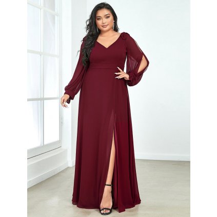 Áčkové šaty maxi s průstřihy na rukávech (Velikost 4XL, Barva Bordová)
