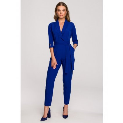 Elegantní dlouhý overal se šálovým límcem S316 (Velikost S, Barva Modrá)