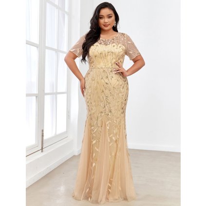 Tylové dlouhé šaty plus size s flitry a krátkým rukávem (Barva Lilová, Velikost 5XL)