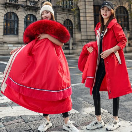 Dlouhá parka na zimu s měkkým kožíškem - ČERVENÁ XXL