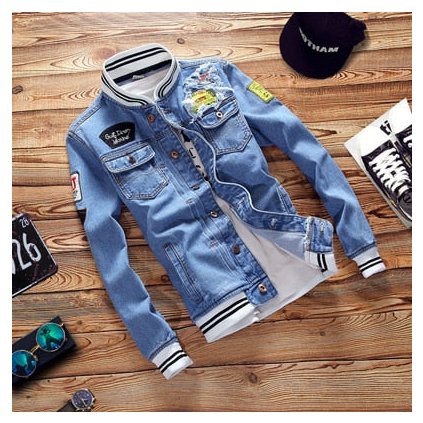 Džínová pánská bunda cowboy s nášivky retro moto styl (Barva Džínová, Velikost S)