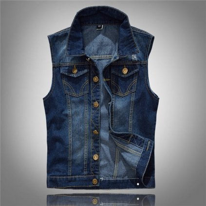 Riflová pánská vesta denim na knoflíky s kapsami a prošíváním (Barva Tmavě modrá, Velikost M)