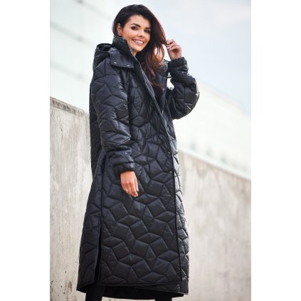 Dlouhý, prošívaný kabát s kapucí A537 (Velikost L/XL, Barva Černá)
