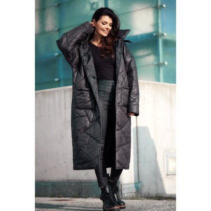 Dlouhý, prošívaný kabát s kapsami, zapínání na druky A541 (Velikost L/XL, Barva Černá)