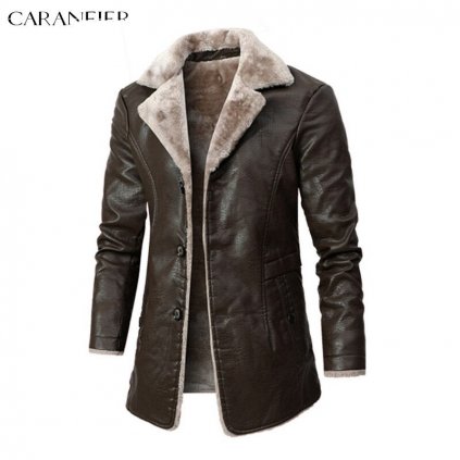 Pánský kožený kabát zimní s plyšovou podšívkou - HNĚDÝ L/XL