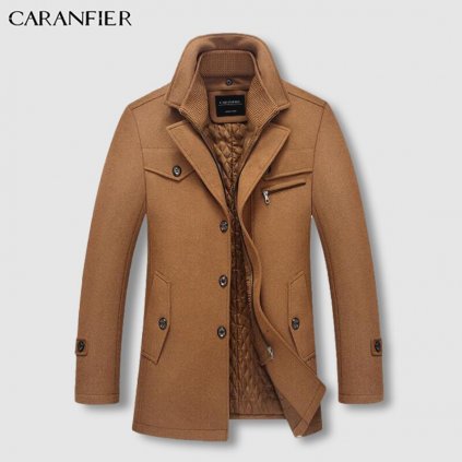 Pánský vlněný kabát s knoflíky a límcem - HNĚDÝ XXL