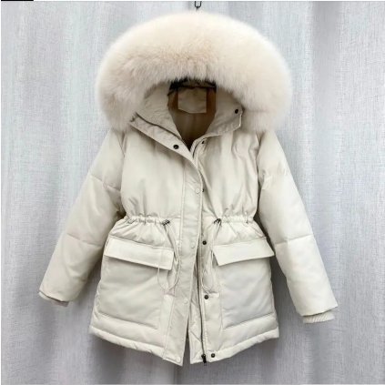 Klasická zimní parka s pravým kožíškem - BÉŽOVÁ L
