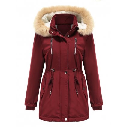 Klasická parka s kontrastním kožíškem - VÍNOVÁ S/M