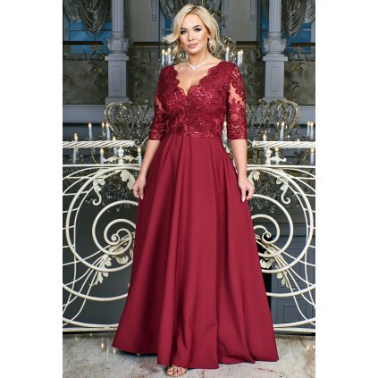 Značkové šaty na ples s krajkou CRYSTAL 3/4 - Bordo XL