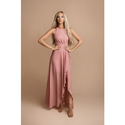 Dlouhé šaty kvalitní značky s volánkovým rozparkem - Pink M