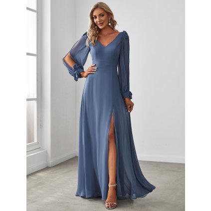 Plesové áčkové šaty maxi s průstřihy na rukávech - Modré M
