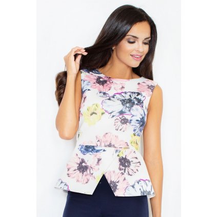 Elegantní halenka bez rukávů peplum s květinami M382