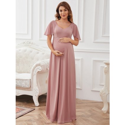 Elegantní šaty s volánovými rukávy pro těhotné - RŮŽOVÉ L