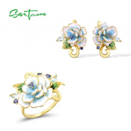 Stříbrný pozlacený set náušnice a prsten modrá květina FanTurra