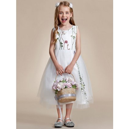 Květinové vyšívané dívčí šaty bez rukávů s tylem