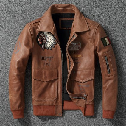 Kožená pánská bunda Aviator s nášivky indiána (Barva Černá, Velikost 3XS)