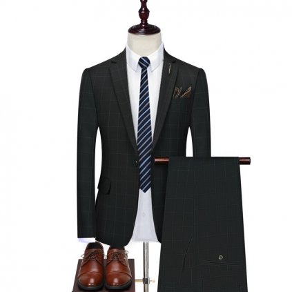 Luxusní pánský oblek s kostkami a broží - ČERNÝ XL