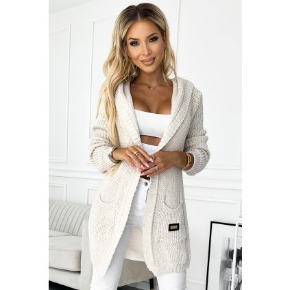 Cardigan teplá pelerína s kapucí, kapsami a nášivkou 488-1 (Velikost ONE SIZE, Barva Béžová)
