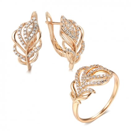 Stylový set bižuterii peří (Barva (Varianta) Náušnice Prsten, Velikost prstenu 11 (65,1 mm))