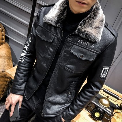 Kožená zimní bunda s kožíškem a plyšovým límcem