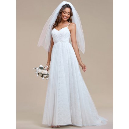 Elegantní svatební šaty na špagetová ramínka z krajky síťoviny
