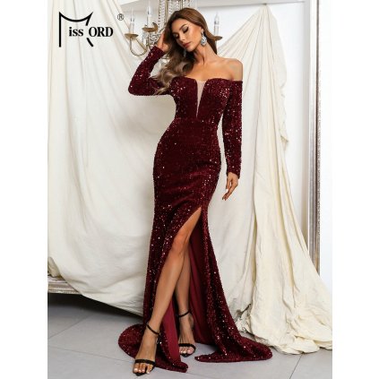 Elegantní flitrové šaty s vlečkou (Barva Bordová, Velikost S)