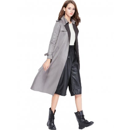 Semišový trench coat s páskem (Barva Šedá, Velikost S)