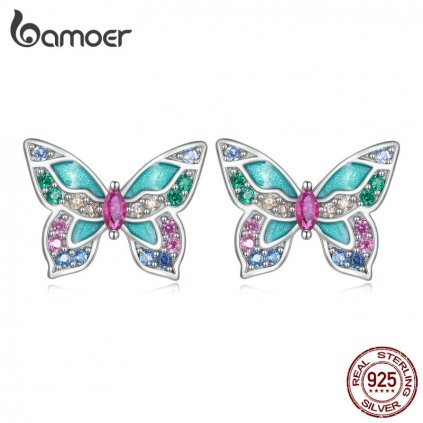 Stříbrné náušnice barevné motýlky