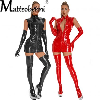 Sexy latexové šaty se zipem (Barva (varianta) černá pouze šaty, Velikost M)