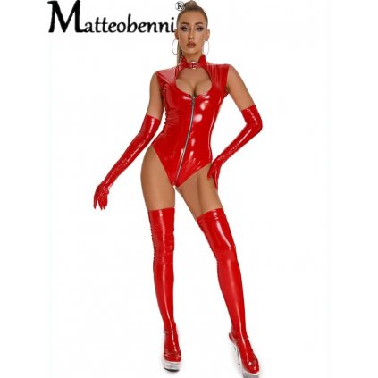 Latexová erotická souprava se zipem (Barva (varianta) červená body pouze, Velikost M)