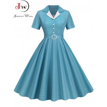 Retro kostkované šaty s límečkem, knoflíky a páskem 50s 60s