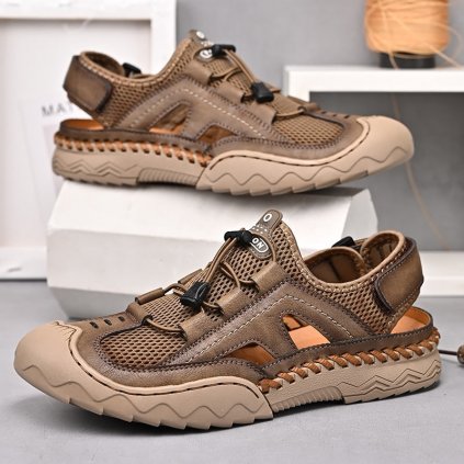 Letní boty pánské kožené sandály se síťkou a pásky