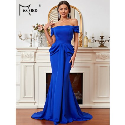 Elegantní šaty s odhalenými rameny a vlečkou (Barva Modrá, Velikost S)