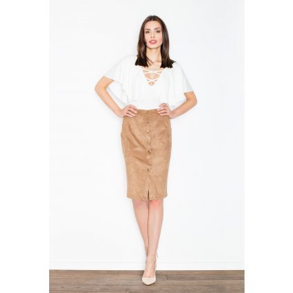 Elegantní semišová tužková sukně na patentky M453 (Barva Hnědá, Velikost S)