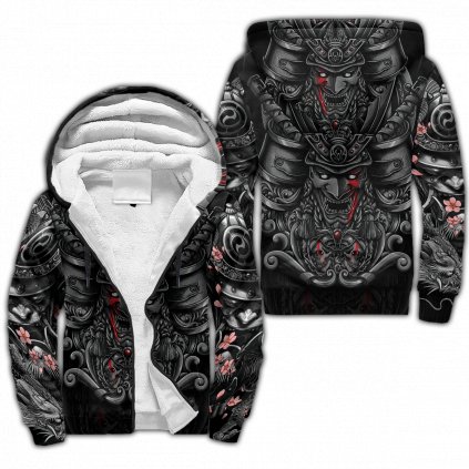 Mikina s kožíškem 3D potisk Samurai Oni Mask Tattoo (Barva (varianta) teplá mikina na zip s kapucí, Velikost S)
