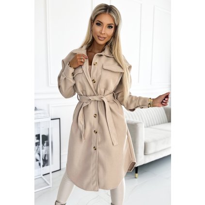 Teplý kabát s kapsami, knoflíky a zavazováním v pase 493-1 (Velikost ONE SIZE, Barva Béžová)