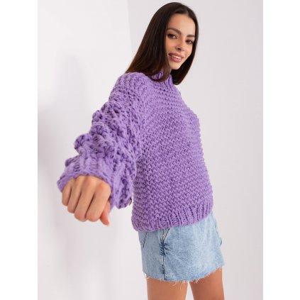 Pletený svetr s volánkovými rukávy AT-SW-2382.97P (Velikost ONE SIZE, Barva Fialová)
