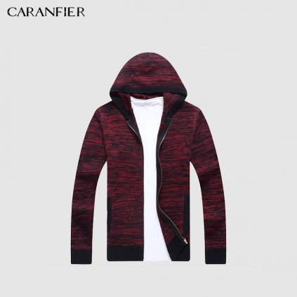 Pánský svetr pletený cardigan s kapucí - ČERVENÝ L