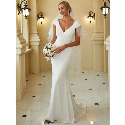 Elegantní svatební šaty s hlubokým výstřihem (Barva Bílá, Velikost S)