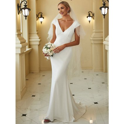 Elegantní svatební šaty s hlubokým výstřihem (Velikost S, Barva Bílá)