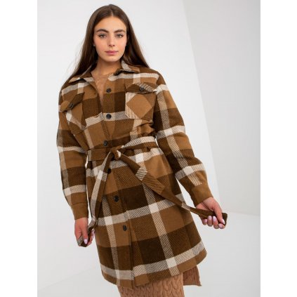 Kostkovaný kabát s páskem LK-PL-509076.57P (Velikost 36, Barva Tmavě béžová)